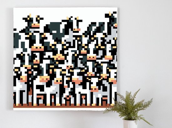 Foto: Pixel art koeien schilderij moo pixel artweide ondeugende koeien bespelen het kunstspel kunst 40x40 centimeter op canvas foto op canvas