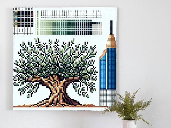 Pixel art olijfboom schilderij | Prisma van de natuur: sprankelende olijfboom in pixel art | Kunst - 40x40 centimeter op Canvas | Foto op Canvas