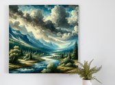Olieverf landschap schilderij | Prachtig glooiend landschap in levendige olieverf geschilderd op doek | Kunst - 60x60 centimeter op Forex | Foto op Forex
