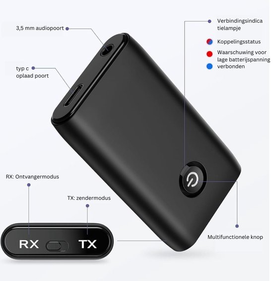 Bluetooth Transmitter - Bluetooth Receiver - Adapter - Zwart met Blauw van TeckNet — afbeelding 2