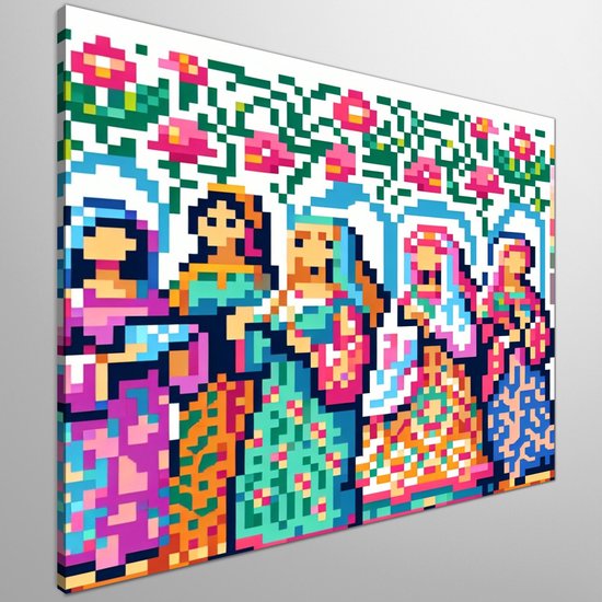 Pixel art dikke dames artwork | Dikke dames dansen in pixel perfecte kunstwerk vol kleur | Kunst - 30x30 centimeter op Dibond | Foto op Dibond - wanddecoratie schilderij