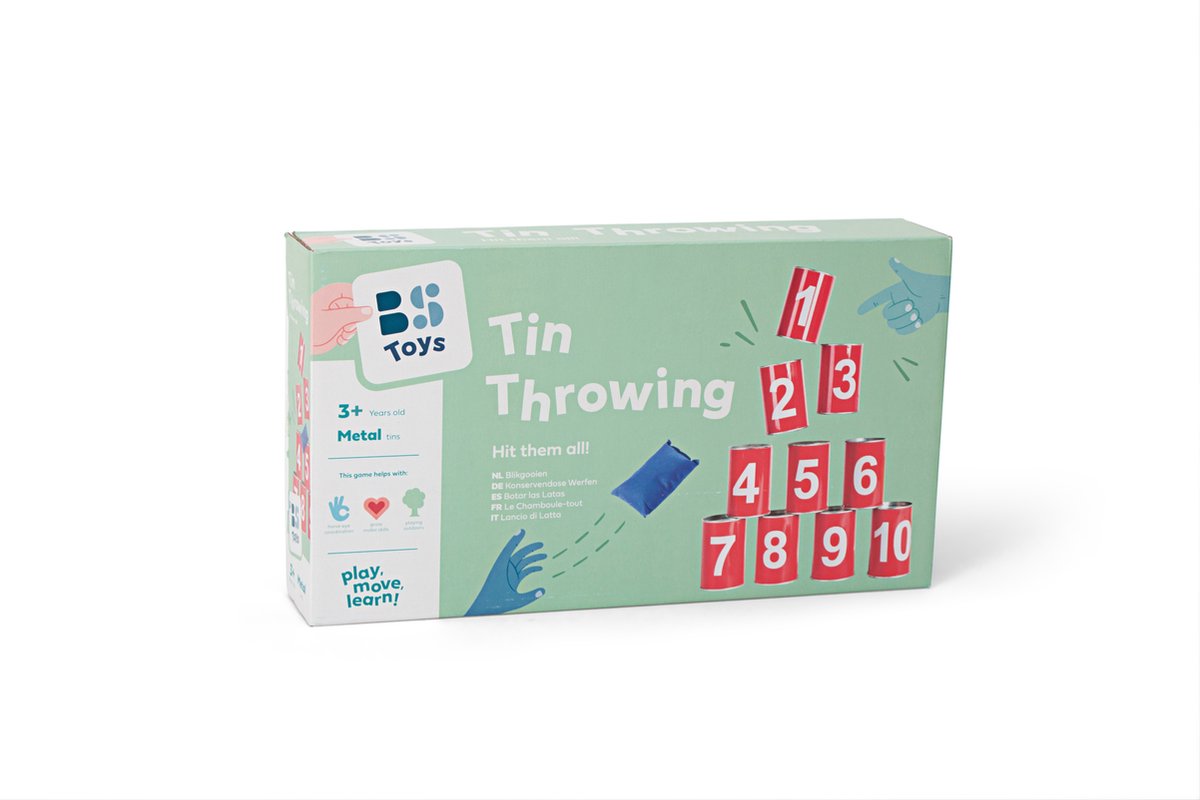 BS Toys Blikgooien Werpspel - Speelgoed Pittenzak Gooien - Kinderspeelgoed vanaf 3 Jaar - Buitenspeelgoed - 10 Blikken - Rood - Spelletjes voor kinderen - Buiten speelgoed - Buitenspel - Buiten Spellen - Tuin Speelgoed - Cadeau kind — afbeelding 3