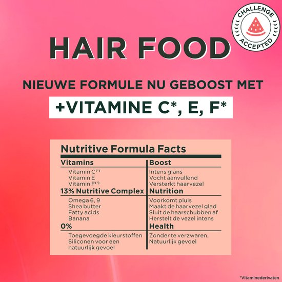 Garnier Fructis Hair Food avec "Nutritive Formula Facts" et liste d'ingrédients vitaminés.