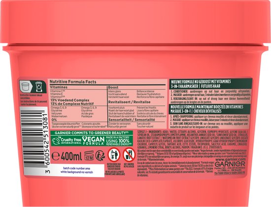 Pot Garnier Fructis Hair Food Watermelon 400ml avec couvercle vert, liste d'ingrédients et sticker "challenge accepted".