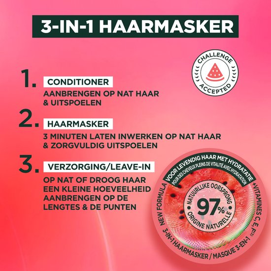 Instructions d'utilisation du masque capillaire 3-en-1 Garnier Fructis Watermelon Hair Food, avec sticker "challenge accepted".