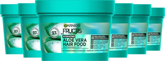 Pack avantage Garnier Fructis Hydrating Aloe Vera Hair Food masques, 6 pots avec couvercles turquoise et étiquettes à l'aloès.