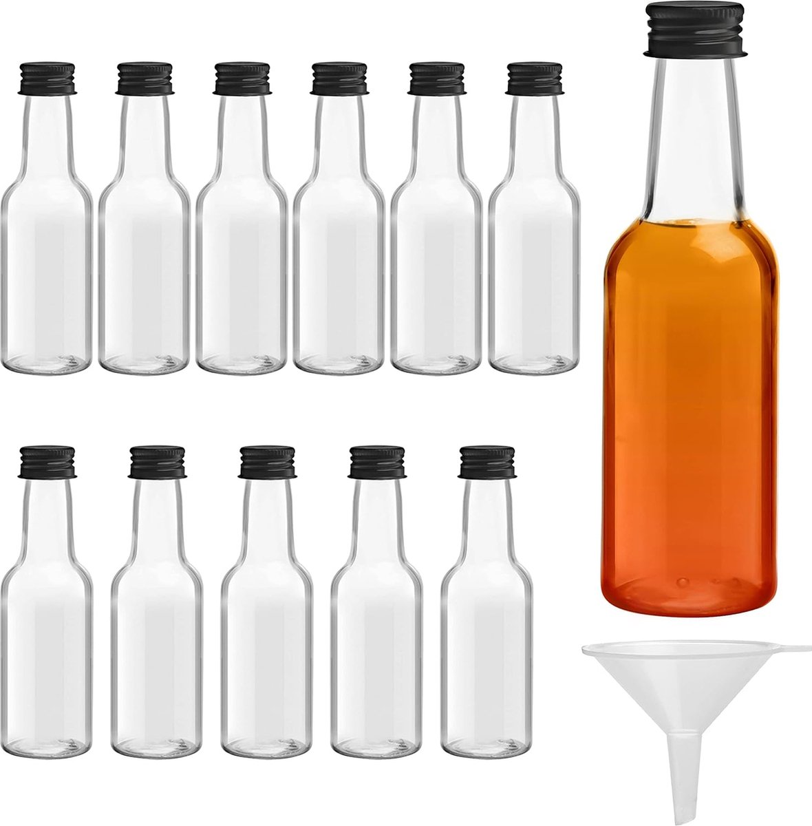 Kleine Likeur Flessen (12 Pak) – Herbruikbaar Plastic 250 ml Lege Drink Fles met Zwarte Schroefdop, Vloeistof Trechter Voor Makkelijk Gieten, Vullen – Flessen Voor Huwelijk & Feestjes