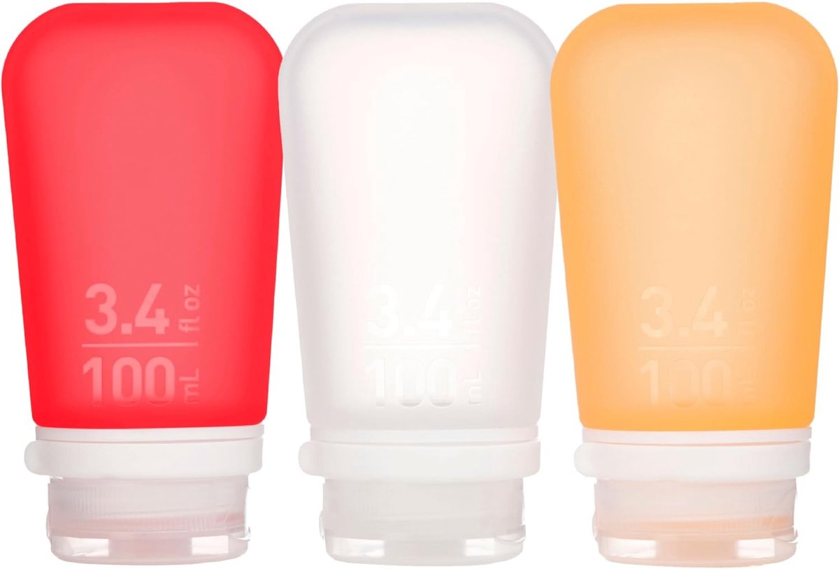 Human Gear - GoToob+ 3-Pack - herbruikbaar - reisflesje - flacon - lekvrij - Medium - 74ml - Clear / Red / Orange