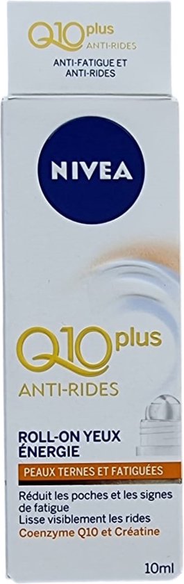 Doosje van de NIVEA Q10 PLUS Anti-Rides roll-on oogroller. Tekst 'Roll-on Ogen Energie' en 'Peaux ternes et fatiguées'.