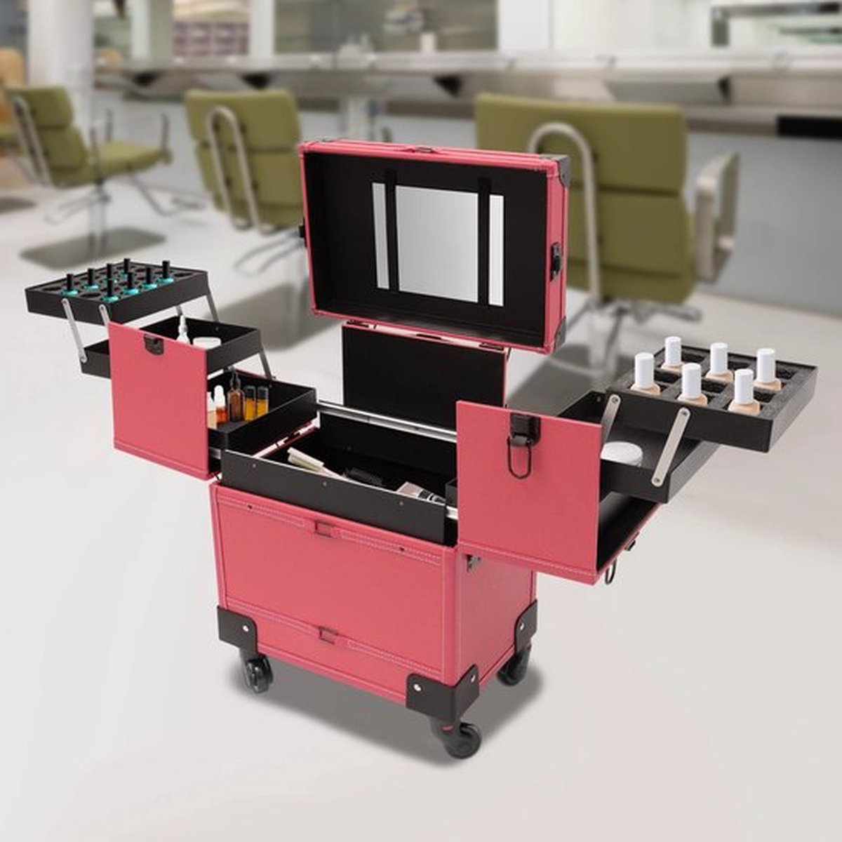 Goedkoopste Visagie Koffer - Make-up Koffer op Wielen - Cosmetica Trolley - Cosmetica Organizer - Alluminium - Roze/Zwart