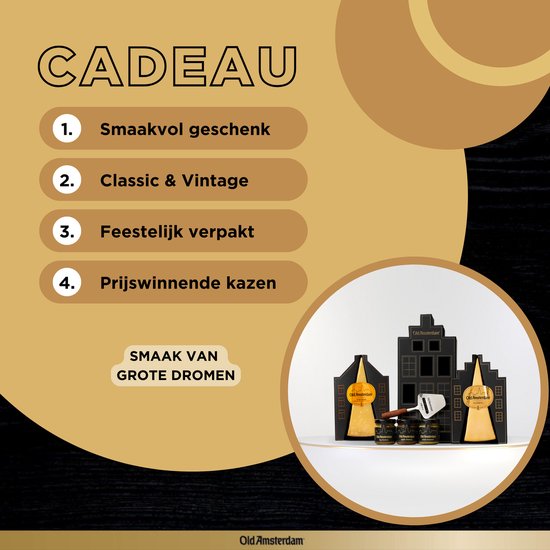 Tekst 'CADEAU' met Old Amsterdam kaas, een kaasblokje, 3 chutneys en huisvormige verpakkingen.