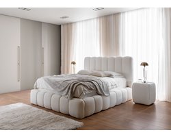 Bed Cande Luxe - Teddy stof bouclé Ivoor - Bed met Opbergruimte 160x200 cm - Boxsprings Bedden en Matrassen zetelsenbedden