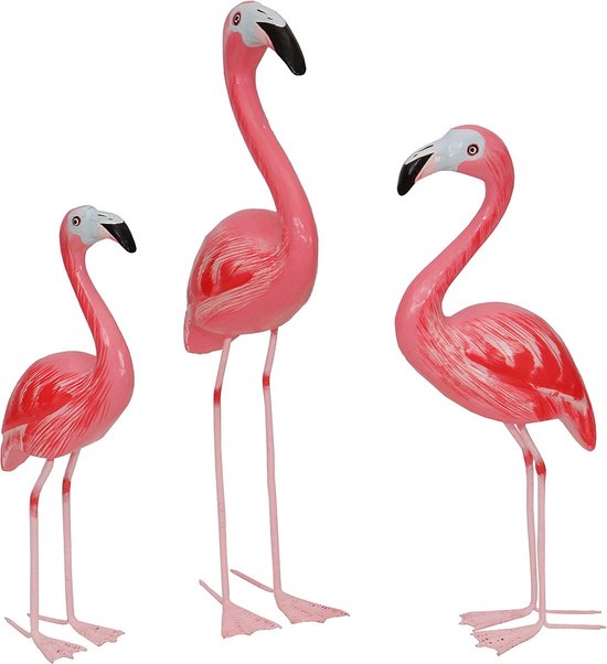 Set van 3 houten decoratieve flamingo's in verschillende formaten: 42cmH, 38cmH en 31cmH