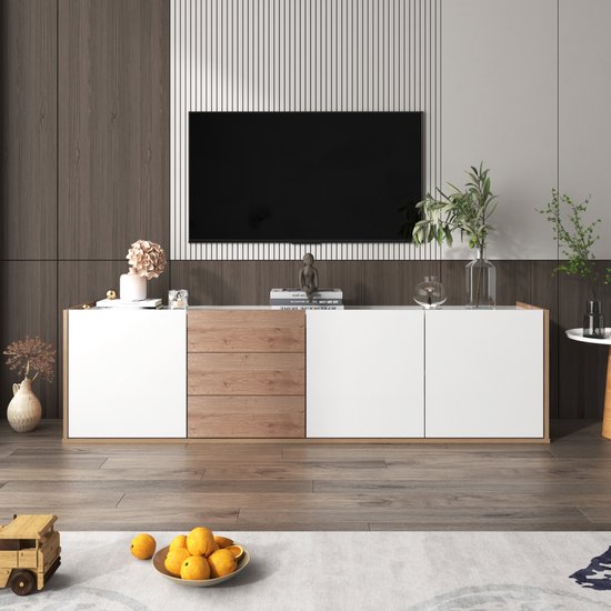 Sweiko TV kast, TV meubels, Ophangbaar, 3 laden en 3 deuren, laag paneel in Wit en Natuurlijk