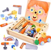 Gereedschapskist Houten gereedschapskist voor kinderen Draagbaar Montessori-speelgoed 2 jaar met opbergdoos en tandwielen Houten speelgoed voor jongens en meisjes van 2 3 4 5 6 jaar oud 27-delig