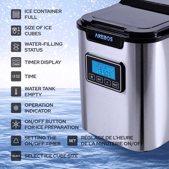 AREBOS IJsblokjesmachine - Ice Maker - Roestvrij staal, productietijd van 8 tot 13 minuten - 3 Ijsblokjesmaten - LCD-display van AREBOS — afbeelding 3