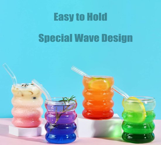 Oungy Set van 6 geribbelde glazen van 450 ml met bubbelglazen rietjes voor ijskoffie, water, dranken, sap, inclusief kwast