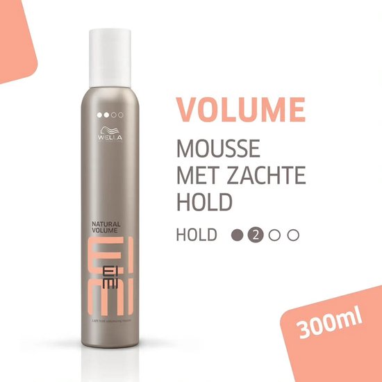 Wella EIMI Natural Volume mousse, 300ml, in zilveren spuitbus met oranje logo. "Volume mousse met zachte hold".