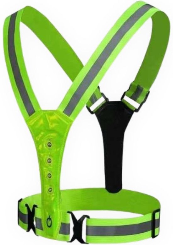 Groen reflecterend hardloopvest met grijze reflecterende strepen en LED-lampjes aan de voorkant.