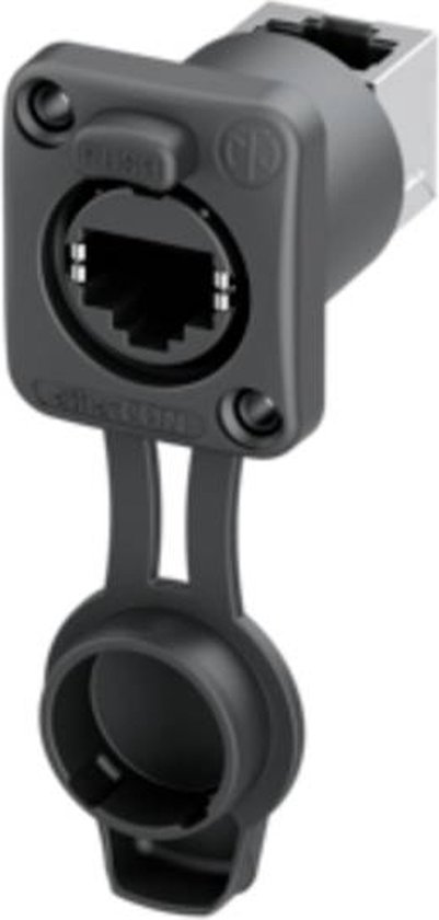 Neutrik etherCon inbouwbus 90° met afdichtkap, zwart, met RJ45-bus.