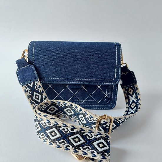 Schouder/crossbody tas in navy blauw. - incl. tashengsel - stof/katoen - 4 vakjes - happinesstassen - vlot - leuk - grappig