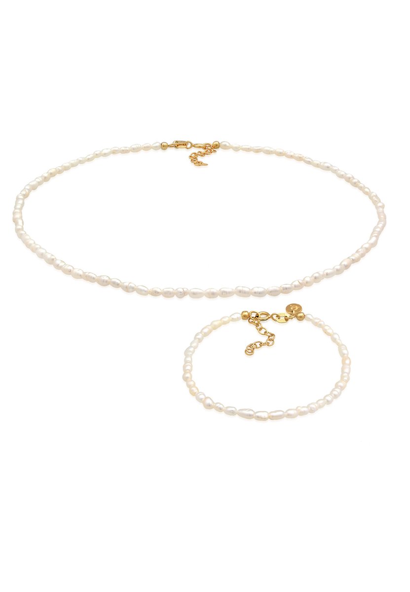Elli PREMIUM - Sieraden Set - Dames klassieke set met nylon en zoetwater gekweekte parels in 925 sterling zilver verguld - Dames