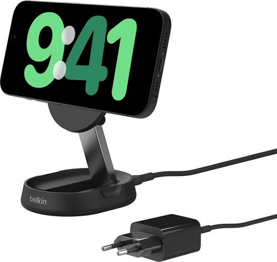 Belkin BOOST CHARG PRO Verstelbare Qi2 15w Magnetische Draadloze Laadstandaard, met adapter, geschikt voor MAGSAFE - Zwart