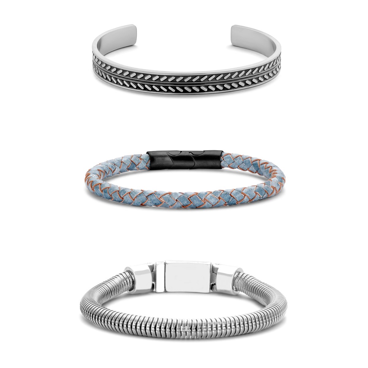 Frank 1967 7FR-SET037 Armbanden Set - 3 Armbanden - Cadeau voor hem - 20cm - Fashion - Stoer - Leer - Zilverkleurig - Licht Blauw