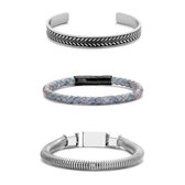 Frank 1967 7FR-SET037 Armbanden Set - 3 Armbanden - Cadeau voor hem - 20cm - Fashion - Stoer - Leer - Zilverkleurig - Licht Blauw