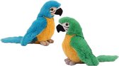 Pia Soft toys Knuffeldier Papegaaien - set 2x - zachte pluche stof - knuffels - groen/blauw - 20 cm