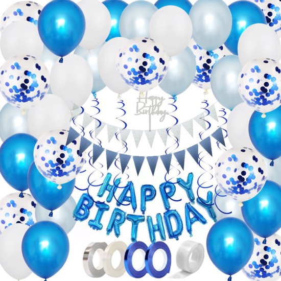 Joya Party® Compleet Blauw Verjaardagsversieringspakket | Blauwe & Witte Helium Ballonnen | Verjaardag Versiering | Happy Birthday Slingers | Ballon feestpakket | 53 stuks