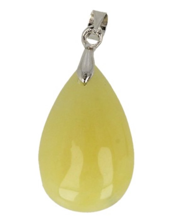 Pendentif goutte de jade vert olive avec fermoir argenté.