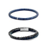 Frank 1967 7FR-SET036 Armbanden Set - 2 Armbanden - Cadeau voor hem - 21 cm - Fashion - Stoer - Leer - Blauw - Grijs - Zwart