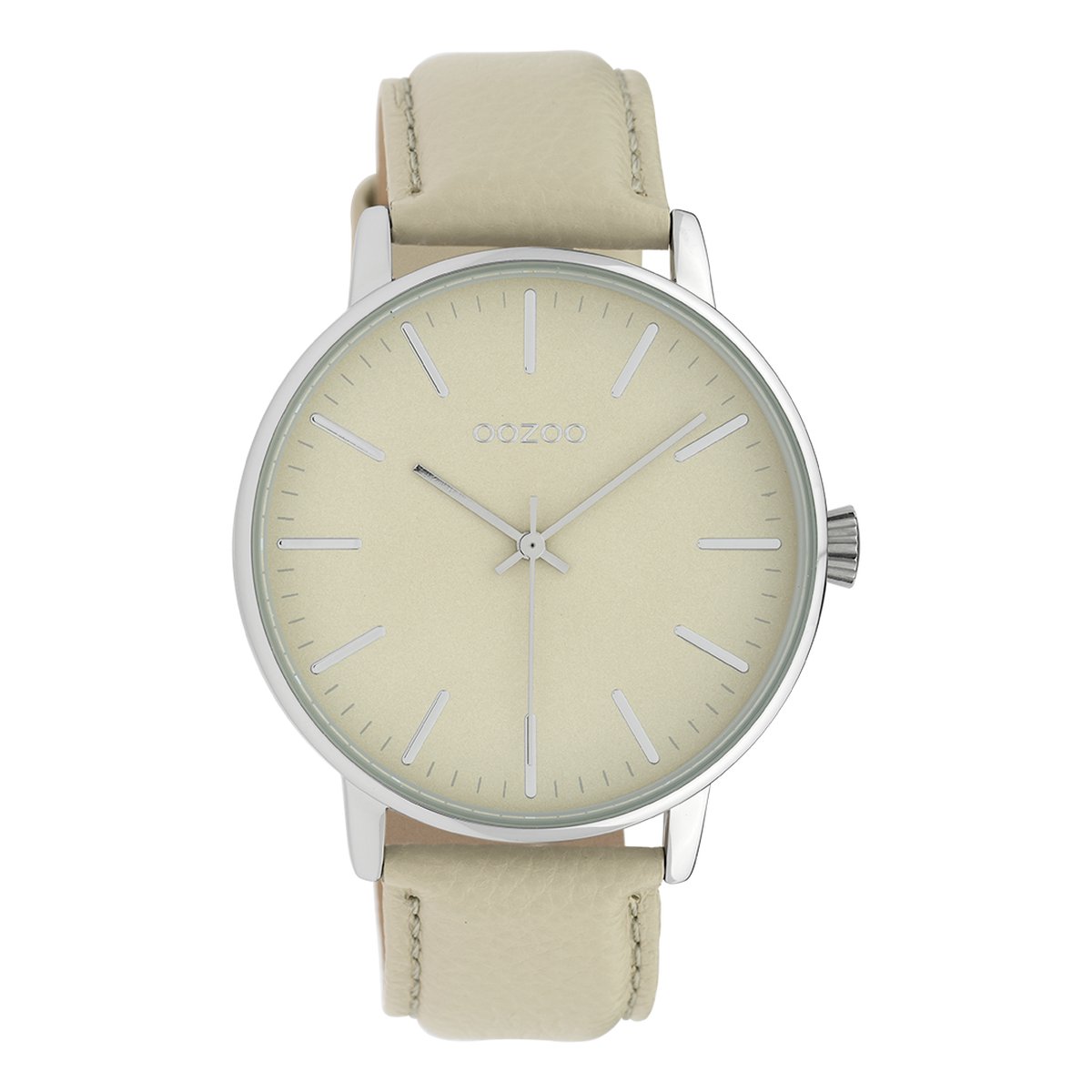 OOZOO Timepieces - Zilverkleurige horloge met beige leren band - C10041