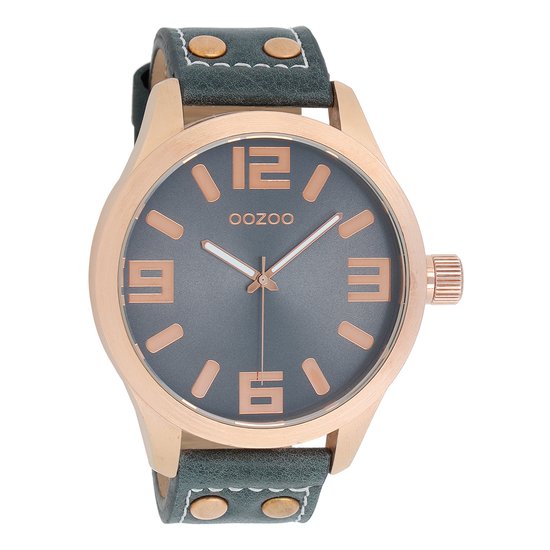 OOZOO Timepieces - Rosé goudkleurige horloge met donker blauwe leren band - C1107