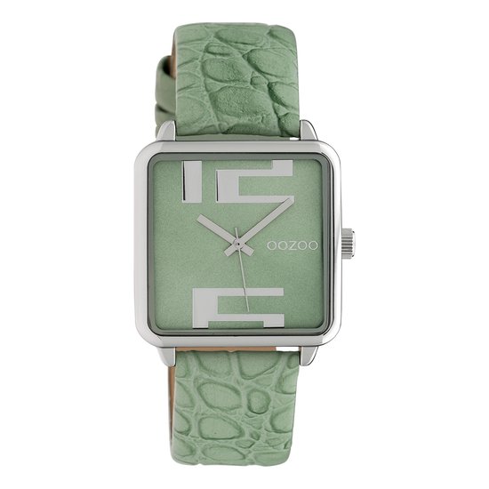 OOZOO Timepieces Zilverkleurige horloge met licht groene leren
