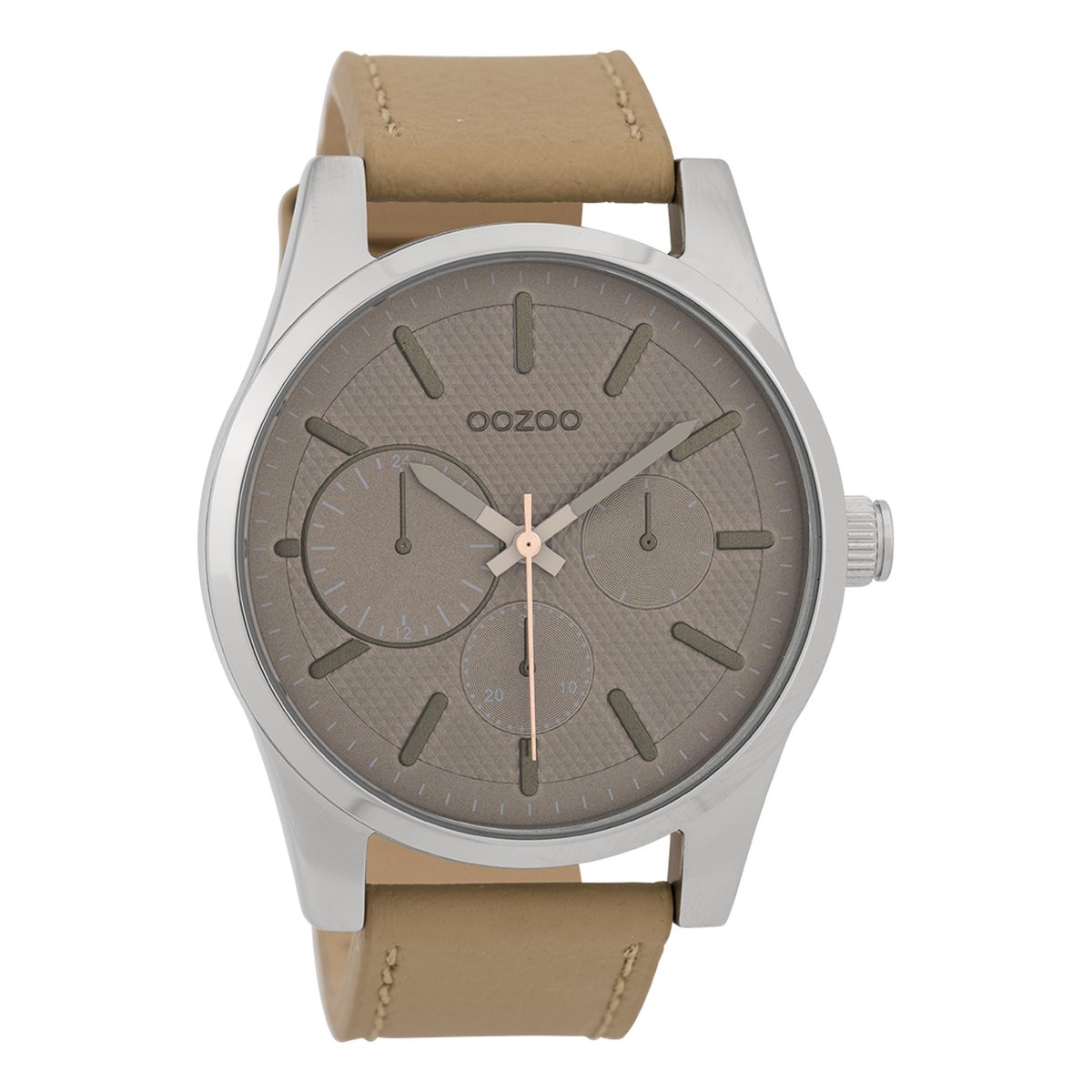 OOZOO Timepieces - Zilverkleurige horloge met camel leren band - C9615