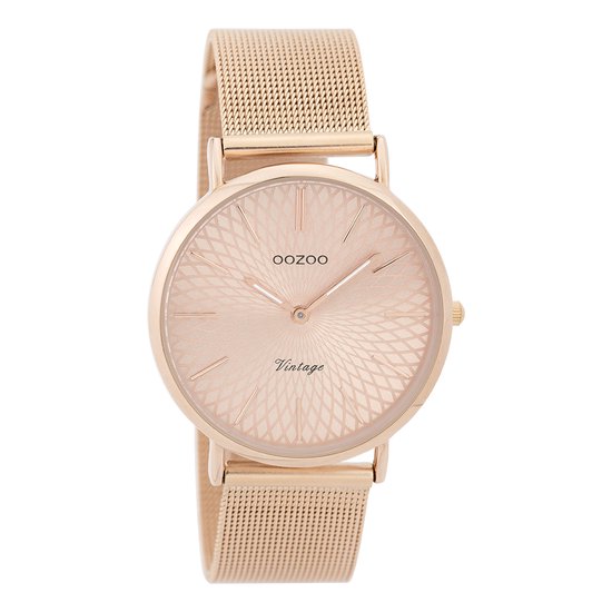 OOZOO Timepieces - Rosé goudkleurige horloge met rosé goudkleurige metalen mesh armband - C9344