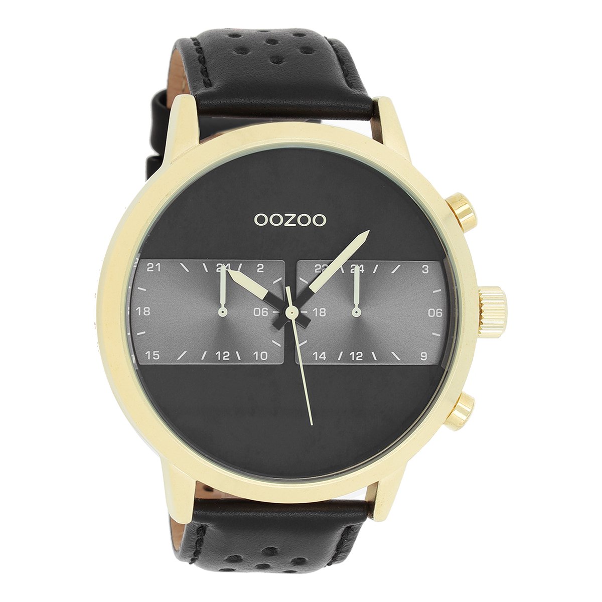 OOZOO Timepieces - Goudkleurige horloge met zwarte leren band - C10516