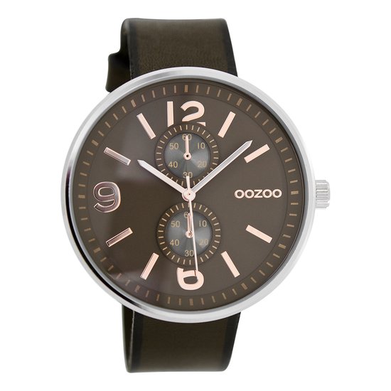 OOZOO Timepieces - Zilverkleurige horloge met donker bruine leren band - C7078