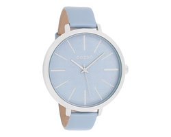 OOZOO Timepieces - Zilverkleurige horloge met licht blauwe leren band - C9677