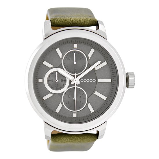 OOZOO Timepieces - Zilverkleurige horloge met groen grijze leren band - C6066