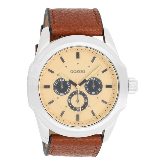 OOZOO Timepieces - Zilverkleurige horloge met bruine leren band - C10316