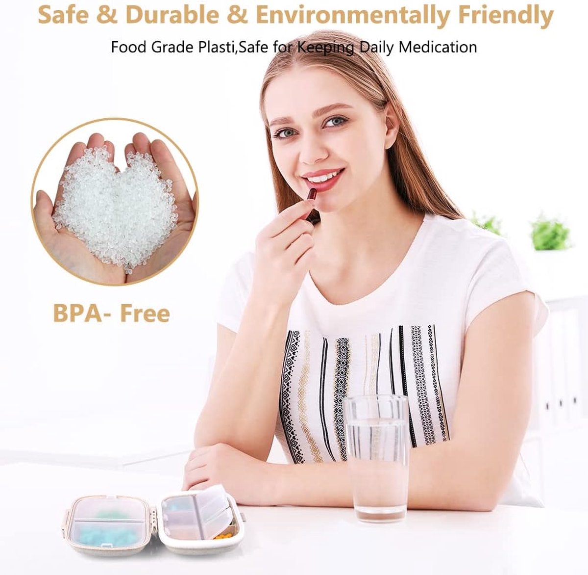 Small Tablet Box 7 Days - Pill Organiser with 8 Compartments - Portable Travel Medicine Box - Removable Compartments - Moisture Proof - Beige