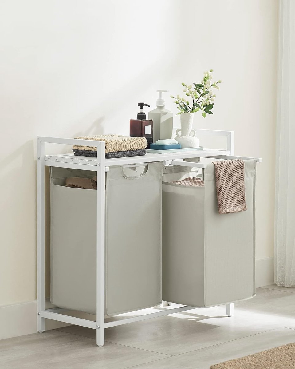 VASAGLE Wasmand met 2 compartimenten, wasmand met plank, wasbox