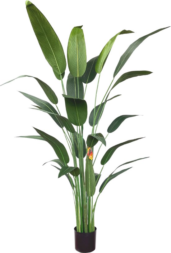 Grande plante artificielle avec de longues feuilles vertes et des fleurs orange/jaunes.