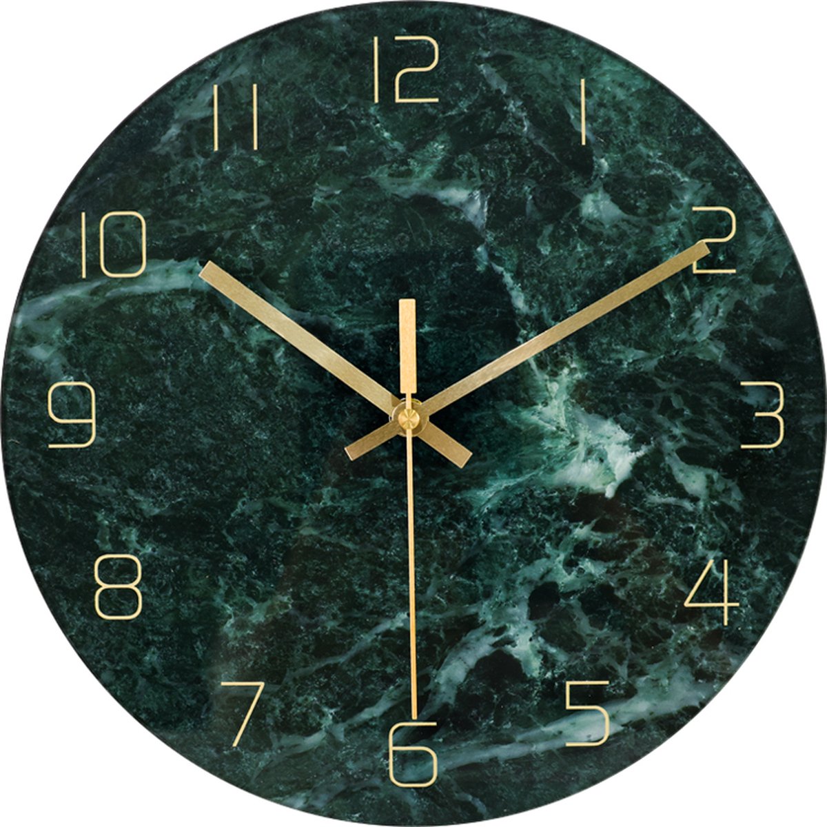 IvoQ Wandklok 30 cm - Stil Uurwerk - Groen Marmerlook & Goud - Luxe Glazen Design