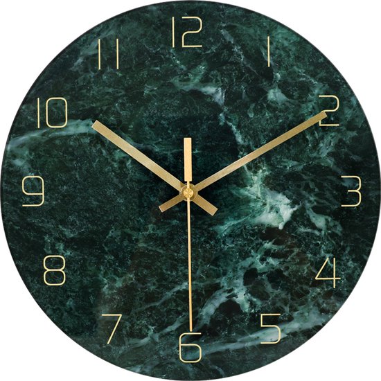 IvoQ Moderne Wandklok - Groen Marmerlook - 30 cm - Stijlvol Glas