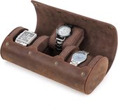 Echt lederen horlogedoosje voor op reis - opbergdoos voor sieraden en cilindrische horlogebescherming - koffiekleurig - 3 horloges
