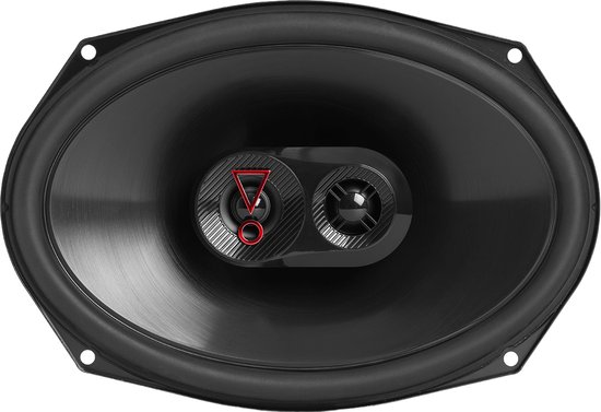 Zwarte JBL Stage3 9637 ovale autospeaker met twee tweeters en rode accenten.